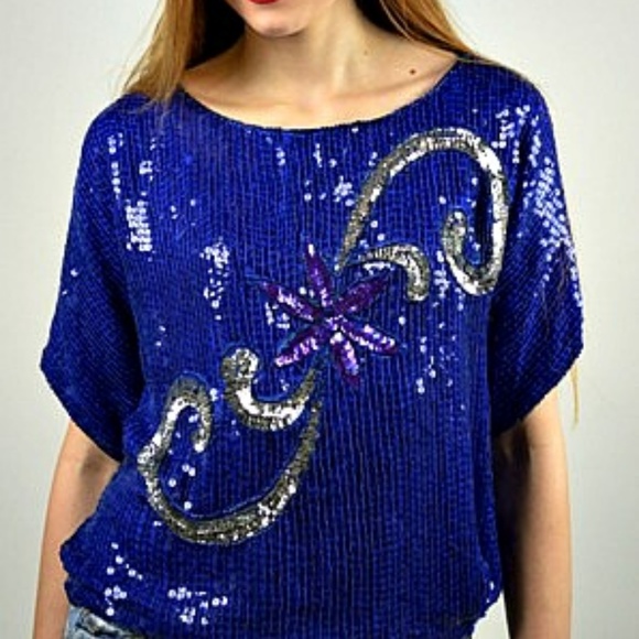 Halloween Disco Top, Vintage 70s Blue Sequin Blouse - Picture 5 of 6